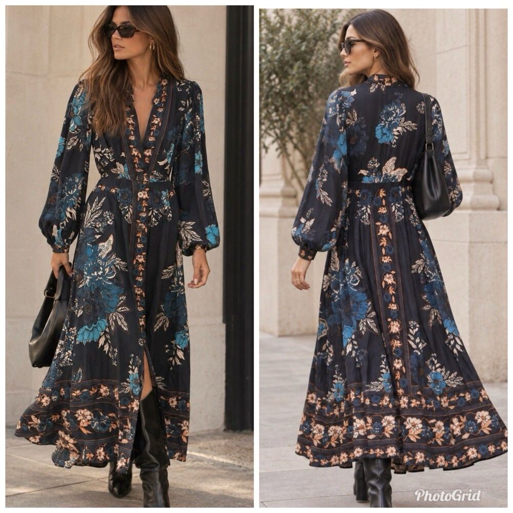 NWT Caroline Constas Blossom Tapestry Floral Midi Dress sz S Navy Boho Romantic